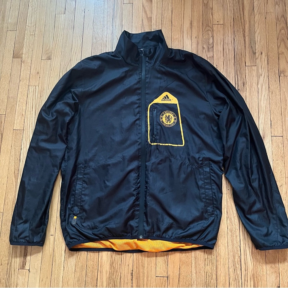 Adidas Mens Chelsea Football Windbreaker Distressed Logo Black Lightweight Sz L